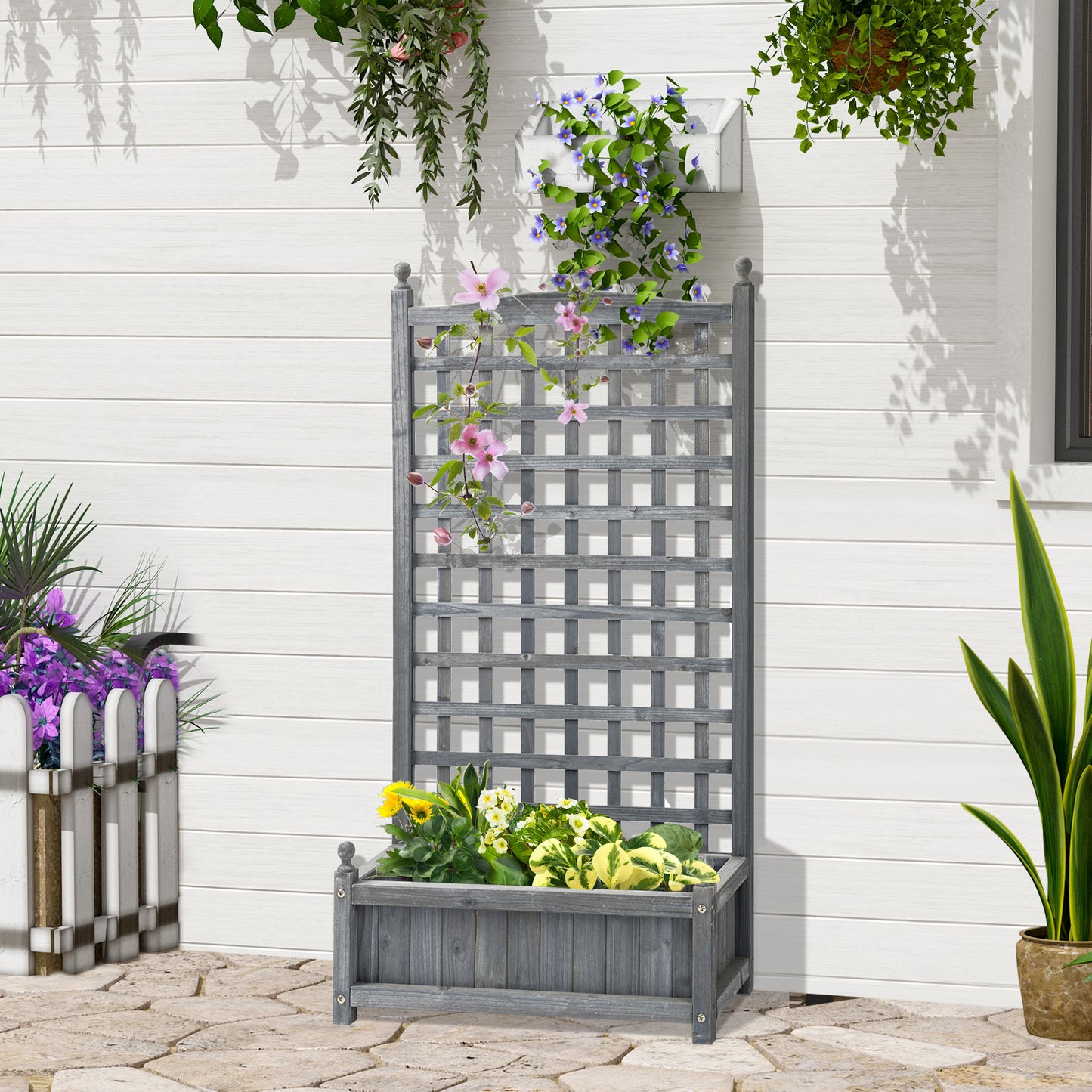 Fir Wood Raised Garden Bed with Trellis | 2 Drainage Holes | 50kg Capacity | 64x28x120cm | Indoor & Outdoor | Climbing Plants Flowers & Veg | Grey