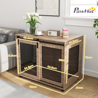 Dog Crate Furniture Side Table | Barn Door & Side Door | 3-Sided Ventilation | Large Dogs up to 30kg | 98 x 60 x 78cm | Walnut Brown