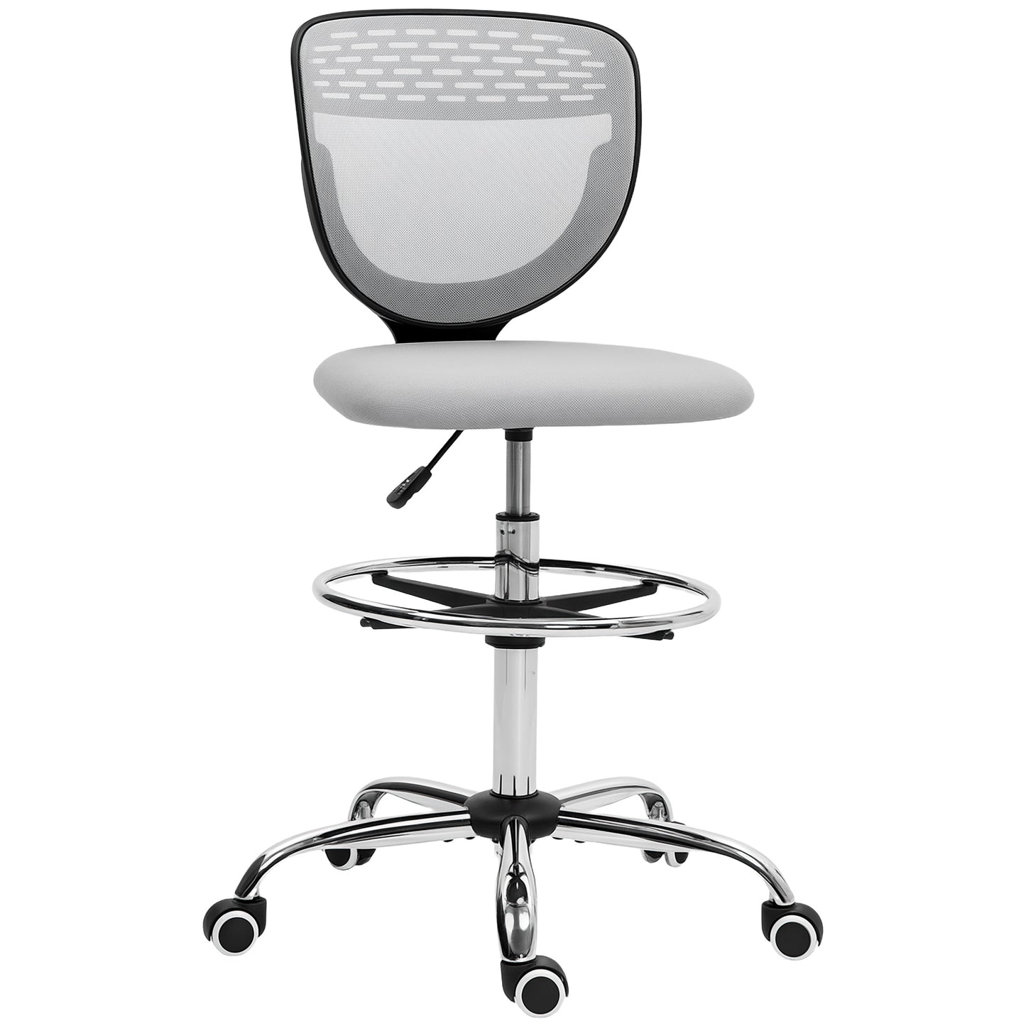 Draughtsman Chair for Tall Desks | Armless | Mesh Back | Padded Seat | Adjustable Foot Ring | 106-126cm Height | 110kg | Light Grey