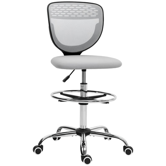 Draughtsman Chair for Tall Desks | Armless | Mesh Back | Padded Seat | Adjustable Foot Ring | 106-126cm Height | 110kg | Light Grey