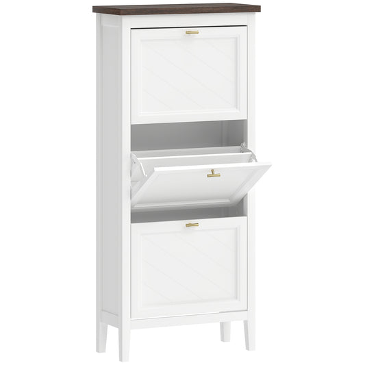 Farmhouse Narrow Shoe Cabinet | 3 Flip Drawers | Adjustable Shelves | 12-18 Pairs | Slim 26.5cm Depth | Max UK 9.5 | Anti-Tipping | MDF | 60x26.5x133.7cm | White