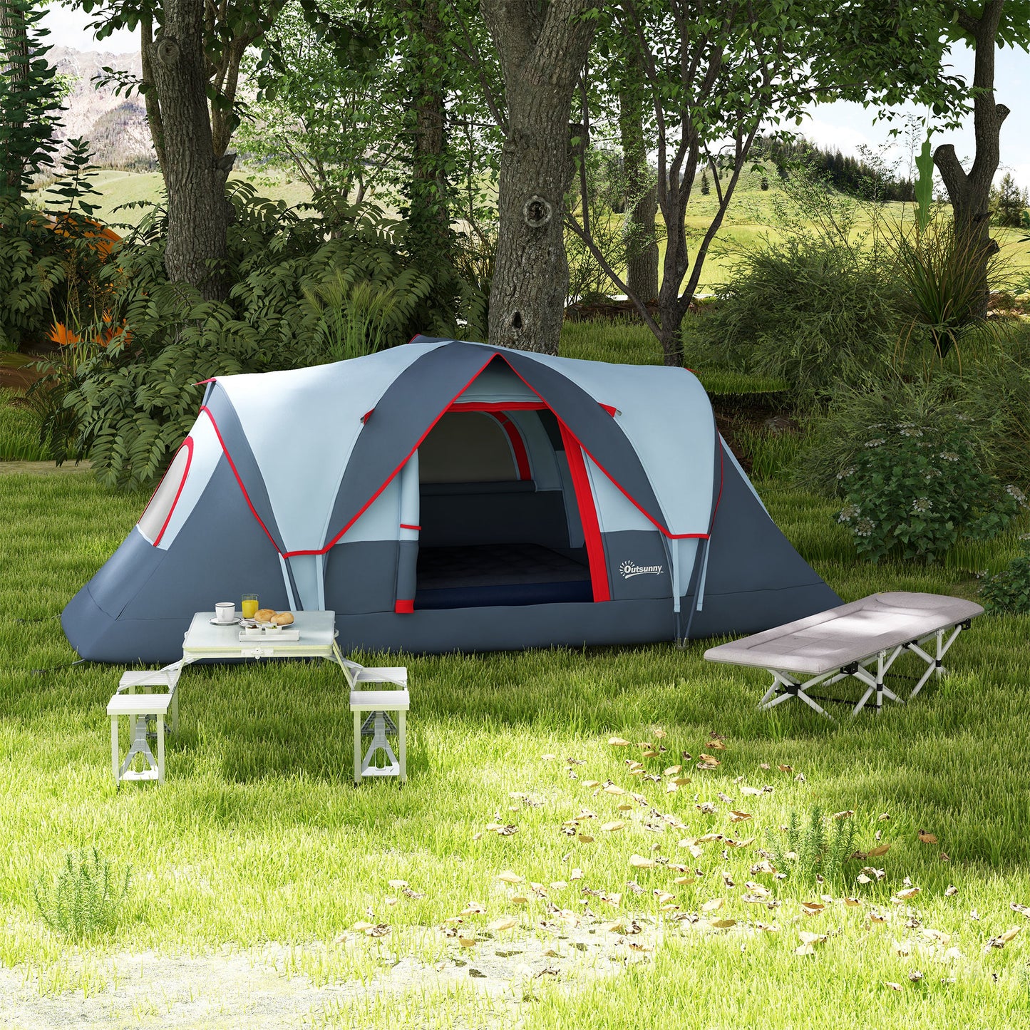 Outsunny Folding Picnic Camping Table with 4 Seats and Umbrella Hole - Grey