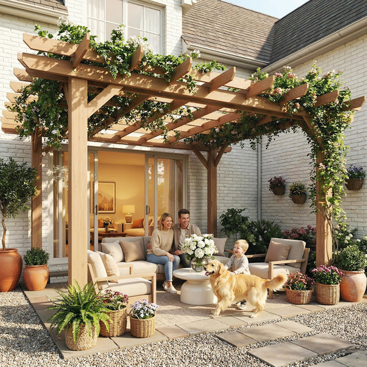 Garden Pergola Kit, Wooden Pergola Gazebo Grape Trellis with Stable Structure, 3.6 x 3.6m, Dark Brown