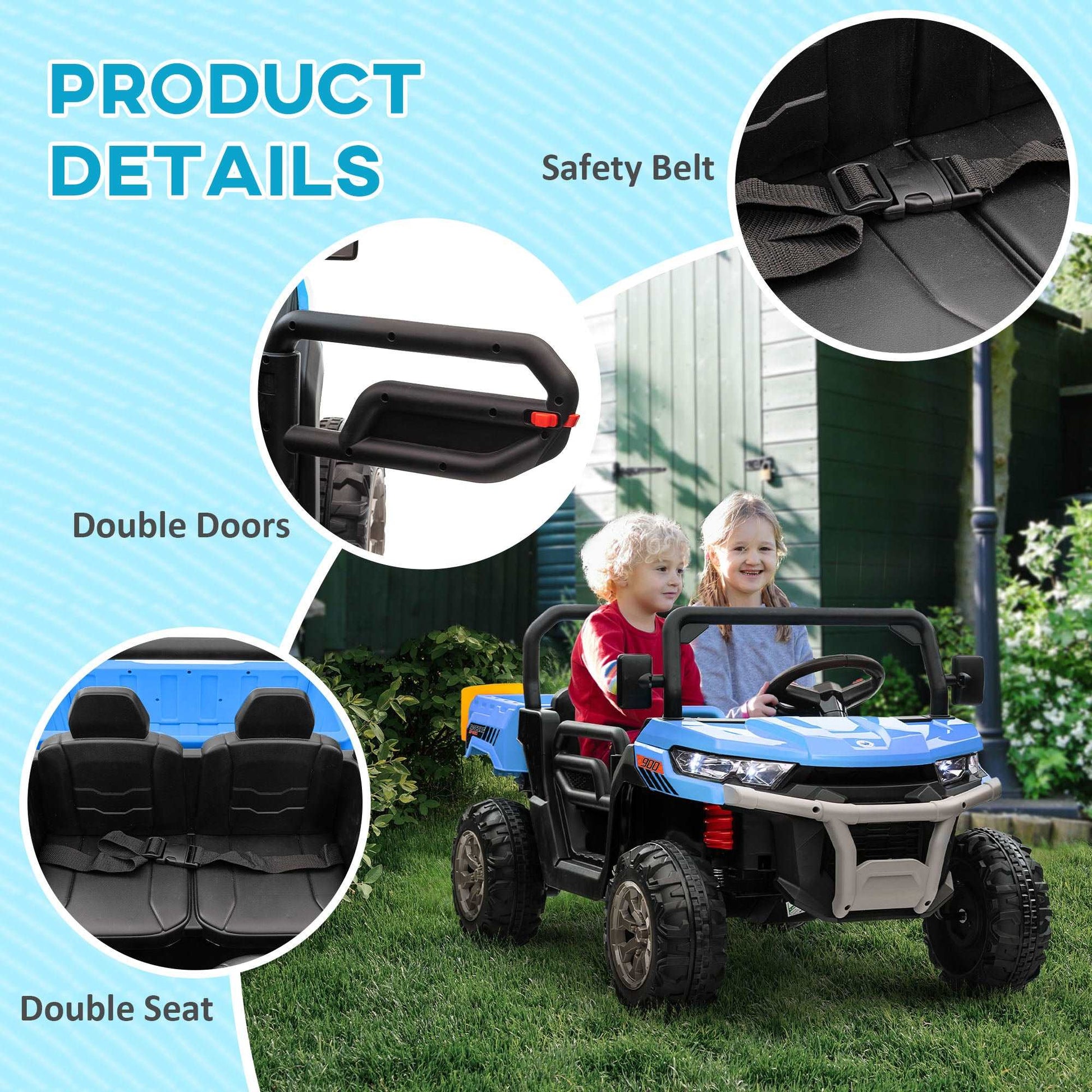 12V Two-Seater Kids Electric Ride-On Car, with Electric Bucket, Remote Control - Blue