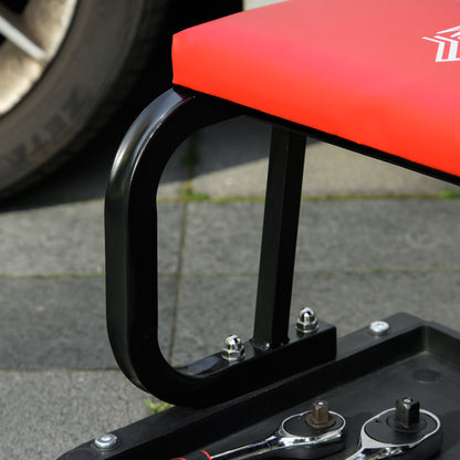 Workshop Stool, Rolling Mechanic Stool with 360 Degree Swivel, Padded Seat, Tool Tray, for Garage, Workshop, Auto Repair, Red