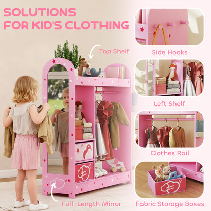 AIYAPLAY Kids Clothes Rail, Kids Wardrobe with Mirror, Shelves, Fabric Storage and Hooks for Bedroom, Nursery, Pink