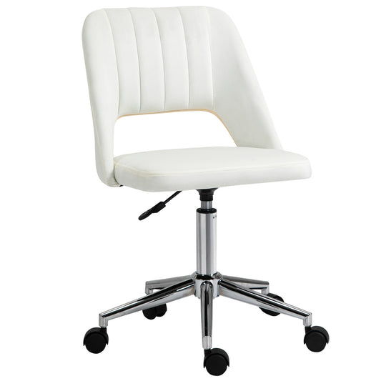Armless Velvet-Feel Office Chair | Sponge Padded Seat & Back | 360° Swivel | 5 Wheels | Height Adjustable 46-58cm | 120kg | Bedroom Home Office Study | Cream White