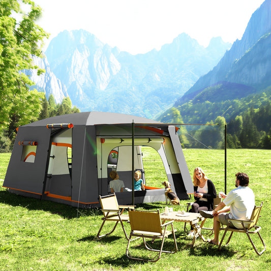 4-6 Man Camping Tent, Double Layer Tunnel Tent with Porch, Living Area and 2 Bedrooms, Sewn in Groundsheet, 3000mm Waterproof, Grey
