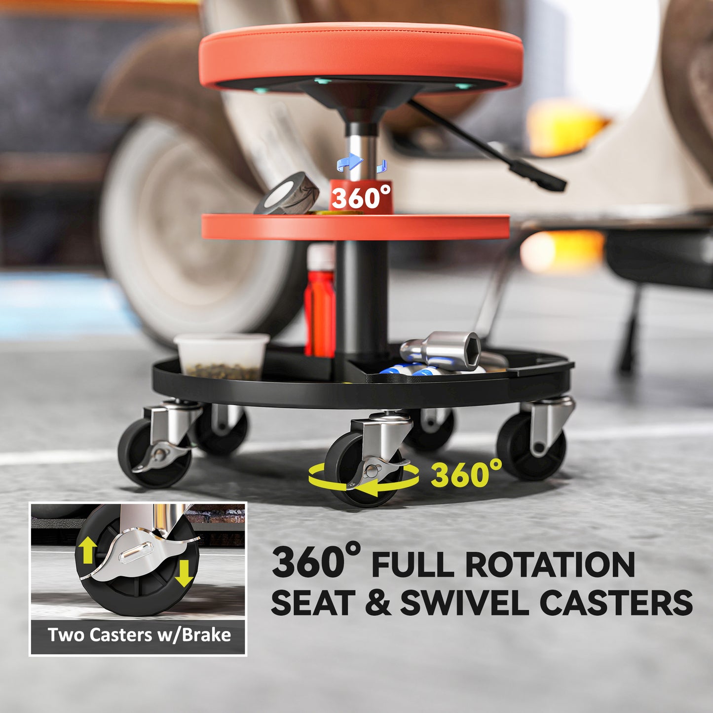 Rolling Mechanic Stool, 135kg Capacity Workshop Stool, 360° Swivel Roller Padded Creeper Seat with Wheels, for Garage, Shop, Auto Repair