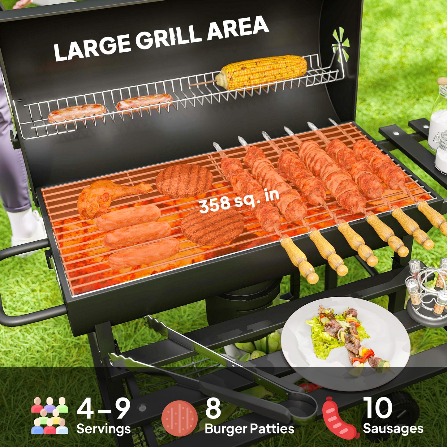 Charcoal BBQ Grill with Foldable Front Side Shelf, Portable Barbecue Smoker with Warming Rack, Bottom Shelf, Lid, Temperature Gauge