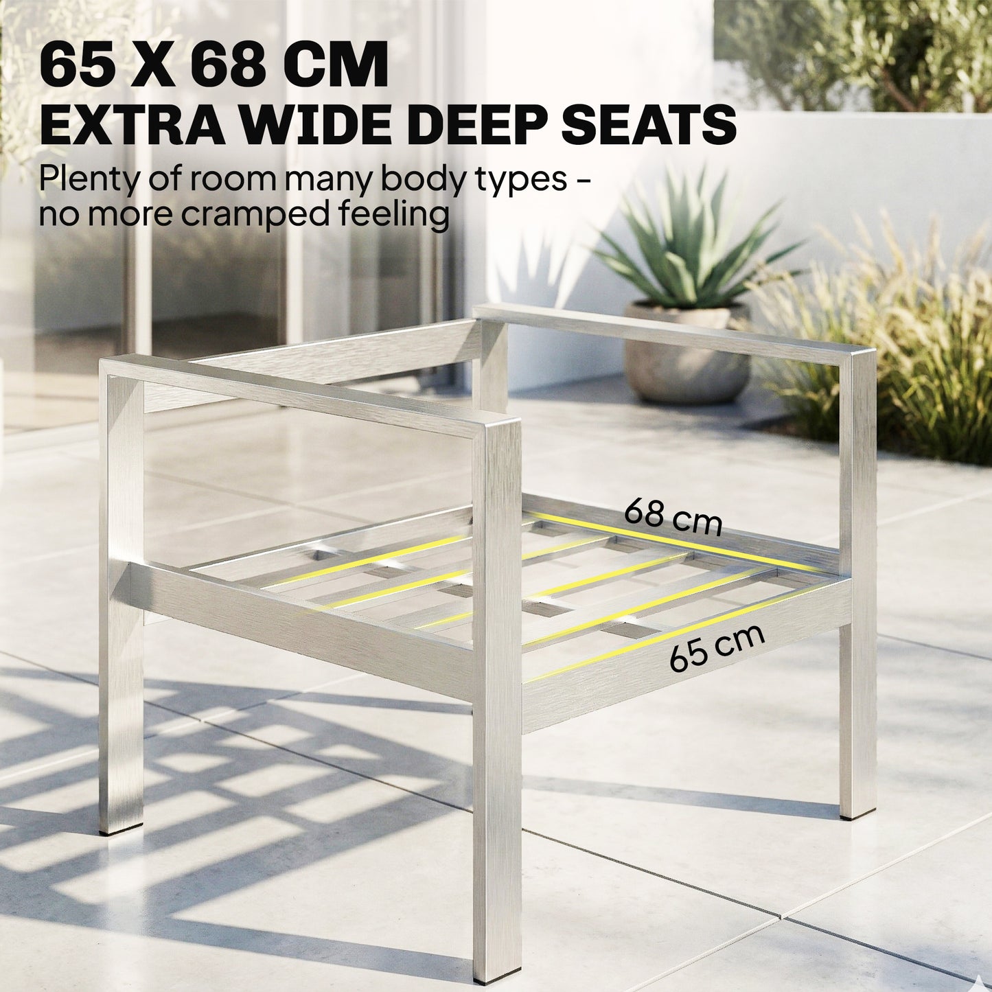 4 Piece Garden Sofa Set | Loveseat | 2 Armchairs | Coffee Table | 10cm Olefin Cushions | Brushed Aluminium | Wood Effect Table | 240kg | Dark Grey