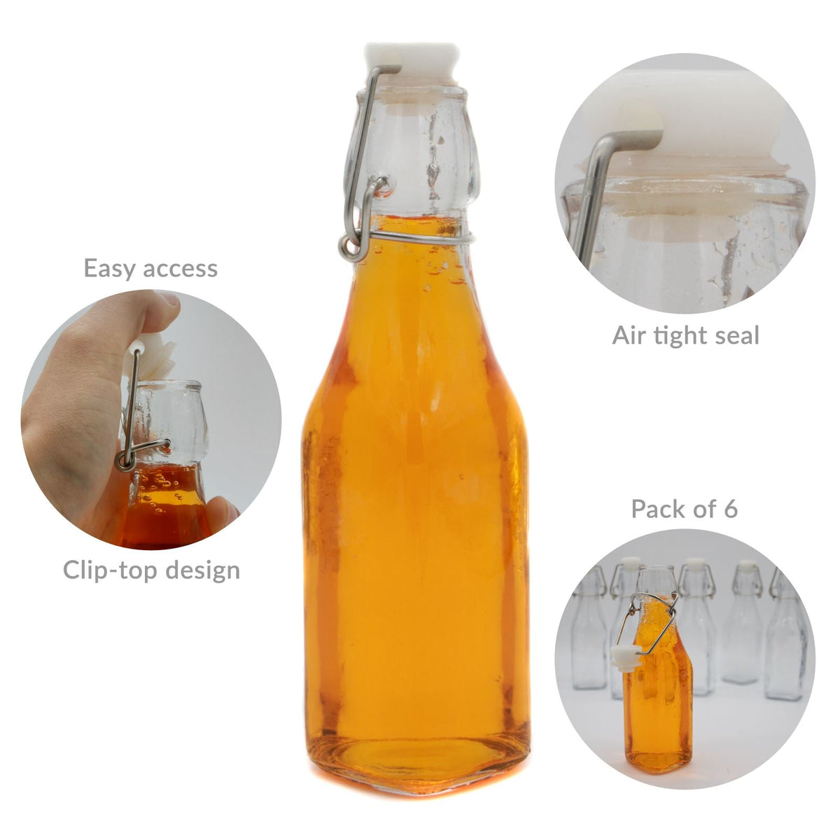 Maison & White Clip Top Glass Bottles | Set of 6 | 250ml Each | Clear Swing Top Kitchen & Drinks Bottles | Dishwasher Safe