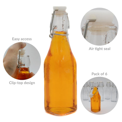 Maison & White Clip-Top Glass Bottles | Set of 6 × 500ml | Clear Swing-Top Kitchen Storage & Drinks Serving Bottles | 27.5cm Tall