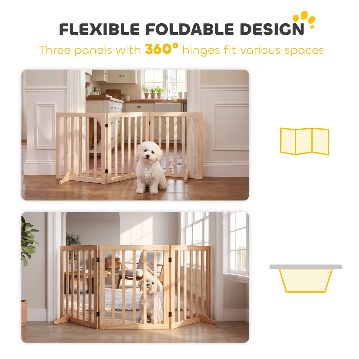 3-Panel Freestanding Wooden Dog Gate | Adjusts 30–140cm | 360° Hinges | Solid Pine Wood | No Drill | Support Feet | 47mm Bar Gap | Small Dogs Under 10kg | Natural Wood Finish | 150x36x61cm | No Assembly
