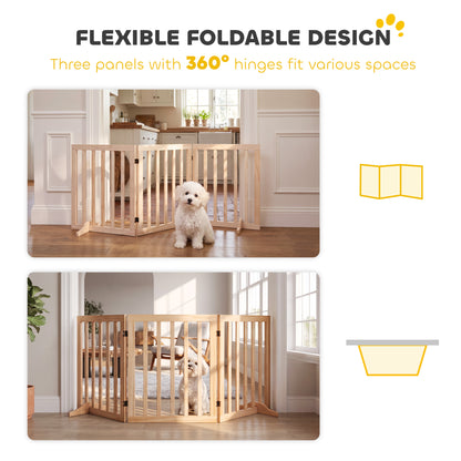 3-Panel Freestanding Wooden Dog Gate | Adjusts 30–140cm | 360° Hinges | Solid Pine Wood | No Drill | Support Feet | 47mm Bar Gap | Small Dogs Under 10kg | Natural Wood Finish | 150x36x61cm | No Assembly