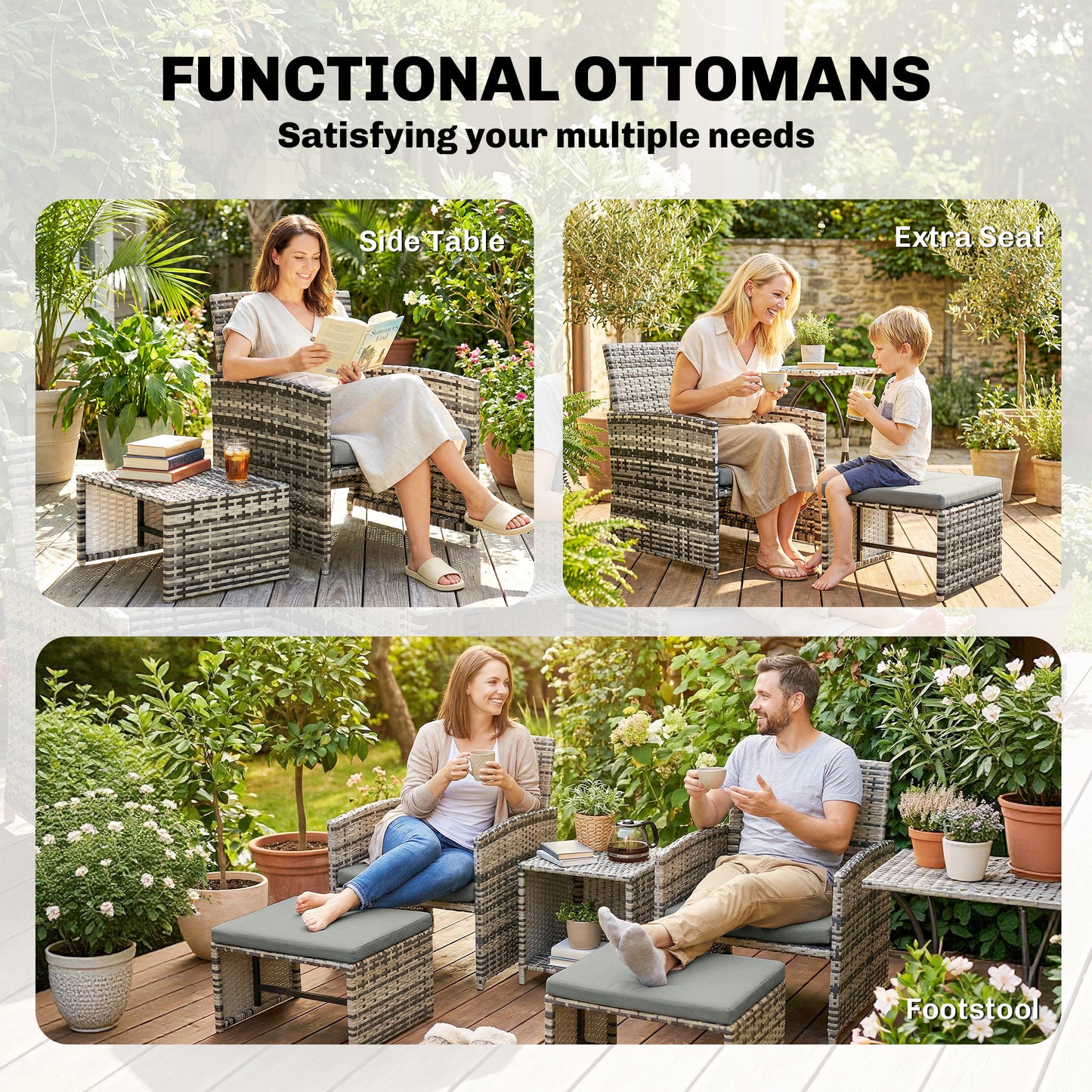 6-Piece Space-Saving PE Rattan Garden Furniture Set | 2 Armchairs | 2 Footstools | 2 Nesting Tables | UV-Resistant Rattan | Powder-Coated Steel | 5cm Zip Cushions | Fixing Straps | 120kg Capacity | Grey