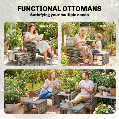 6-Piece Space-Saving PE Rattan Garden Furniture Set | 2 Armchairs | 2 Footstools | 2 Nesting Tables | UV-Resistant Rattan | Powder-Coated Steel | 5cm Zip Cushions | Fixing Straps | 120kg Capacity | Grey
