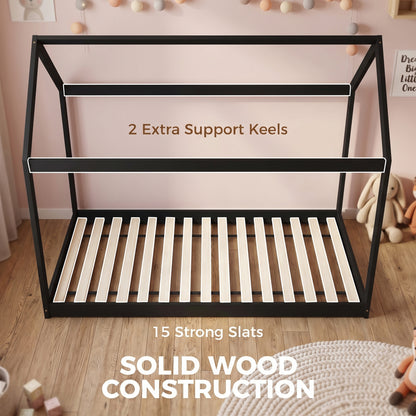 Single House Bed Frame | Pine Wood Kids Bed with Roof Frame, 15 Slats & 120 kg Capacity | 90 x 190 cm Mattress | Black