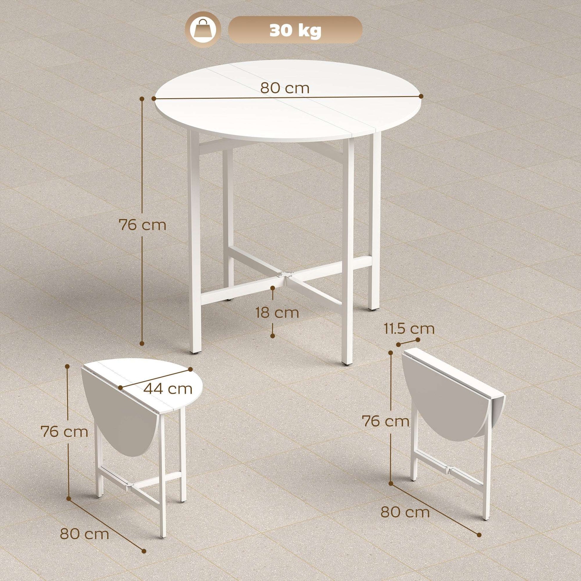 Drop Leaf Folding Dining Table | Round Top | 3 Modes | Folds to 11.5cm | Melamine Waterproof Top | Steel Frame | 30kg | White