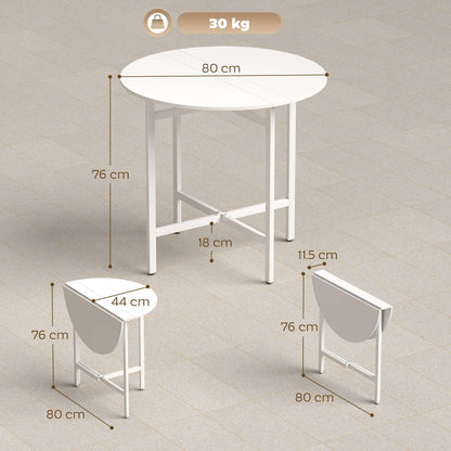 Drop Leaf Folding Dining Table | Round Top | 3 Modes | Folds to 11.5cm | Melamine Waterproof Top | Steel Frame | 30kg | White