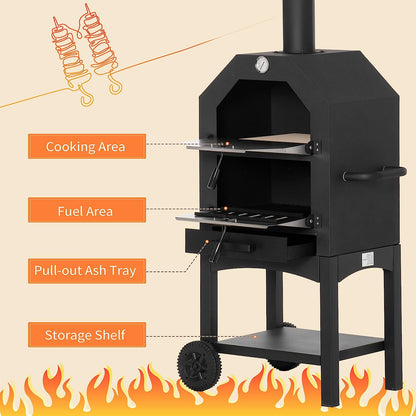 Charcoal Tall Oven Pizza Maker BBQ Grill Outdoor Cooker Picnic w/ Thermometer By Outsunny