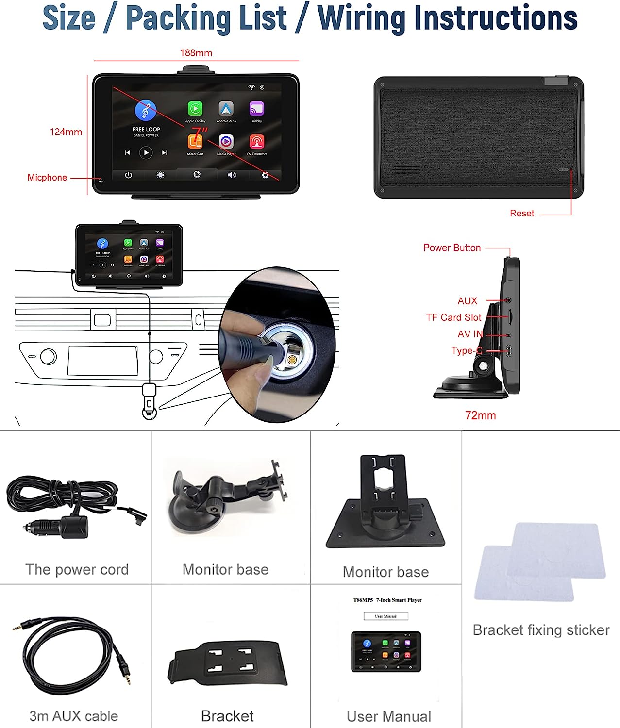 Wireless Apple Carplay Android Auto 7 Inch Portable Car Stereo Car Radio With Bluetooth MirrorLink FM Transmitter Voice control