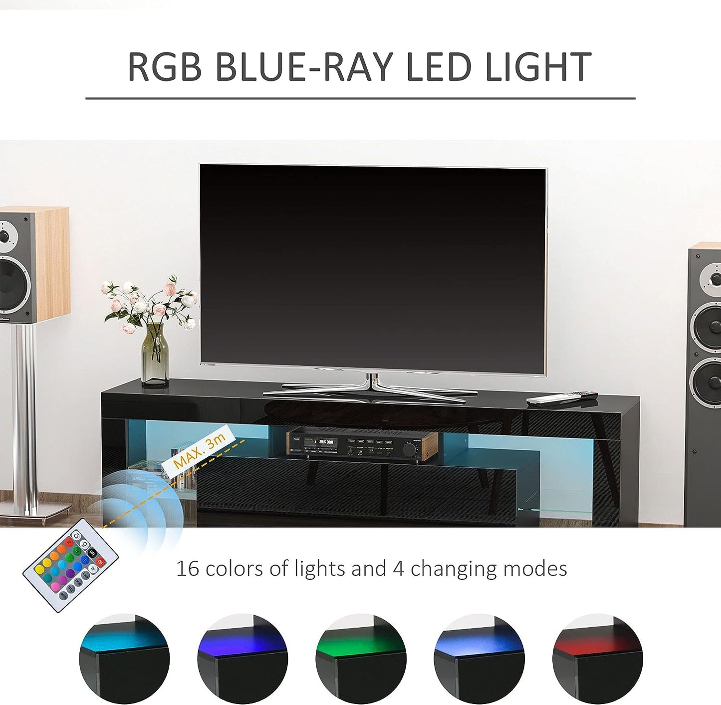 High Gloss TV Stand Cabinet with LED RGB Lights and Remote Control for 43"/50"/55" TV, Media TV Console Table with Storage Drawer and Shelf