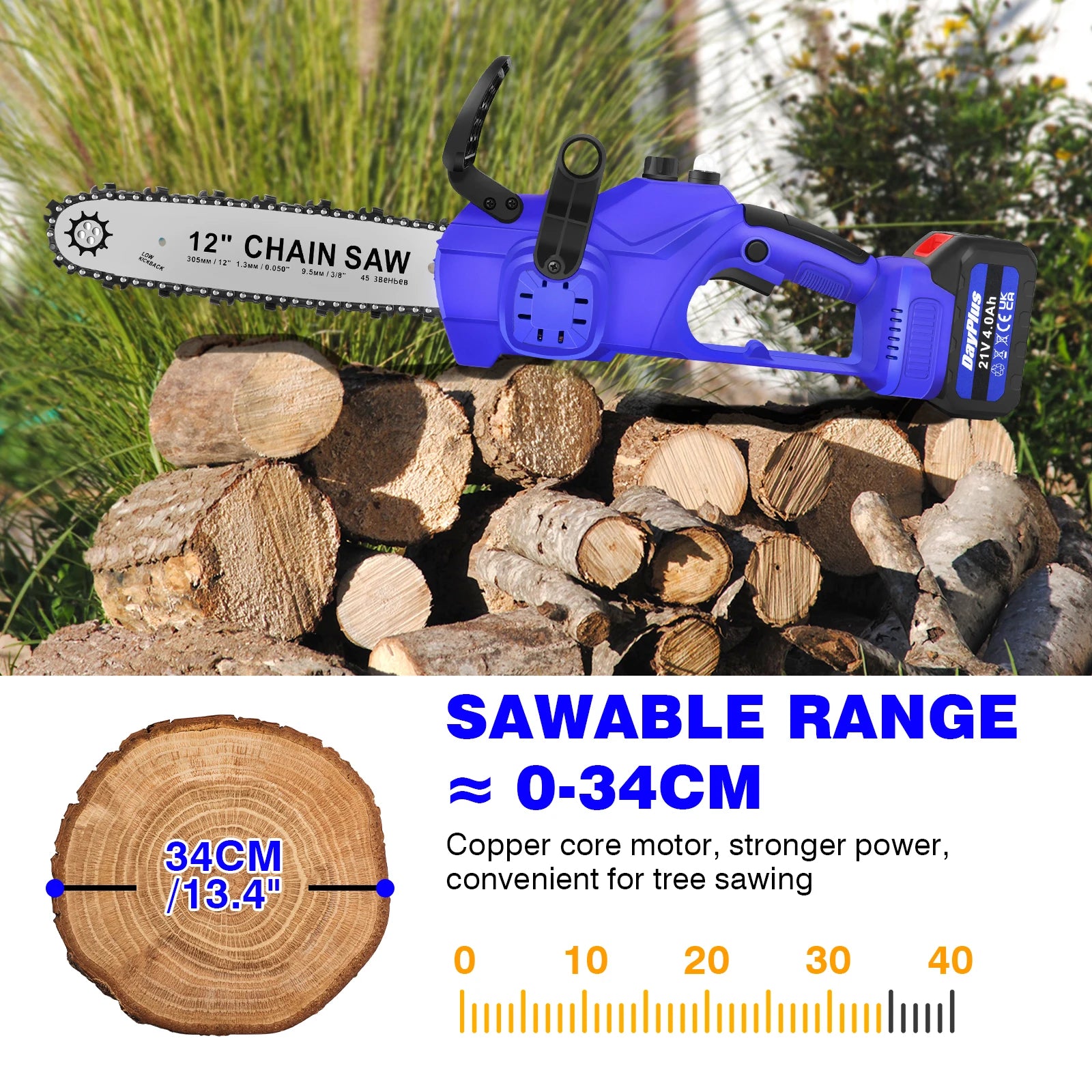 Brushless 12" Electric Chainsaw 21V Cordless Handheld Saw, 4.0Ah Battery, Charger, 2 Chains, Auto Chain Lubrication, UK