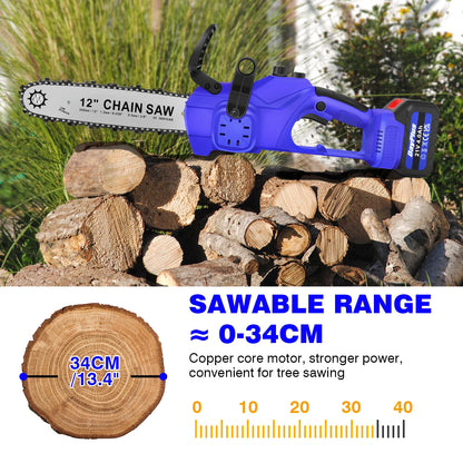 Brushless 12" Electric Chainsaw 21V Cordless Handheld Saw, 4.0Ah Battery, Charger, 2 Chains, Auto Chain Lubrication, UK