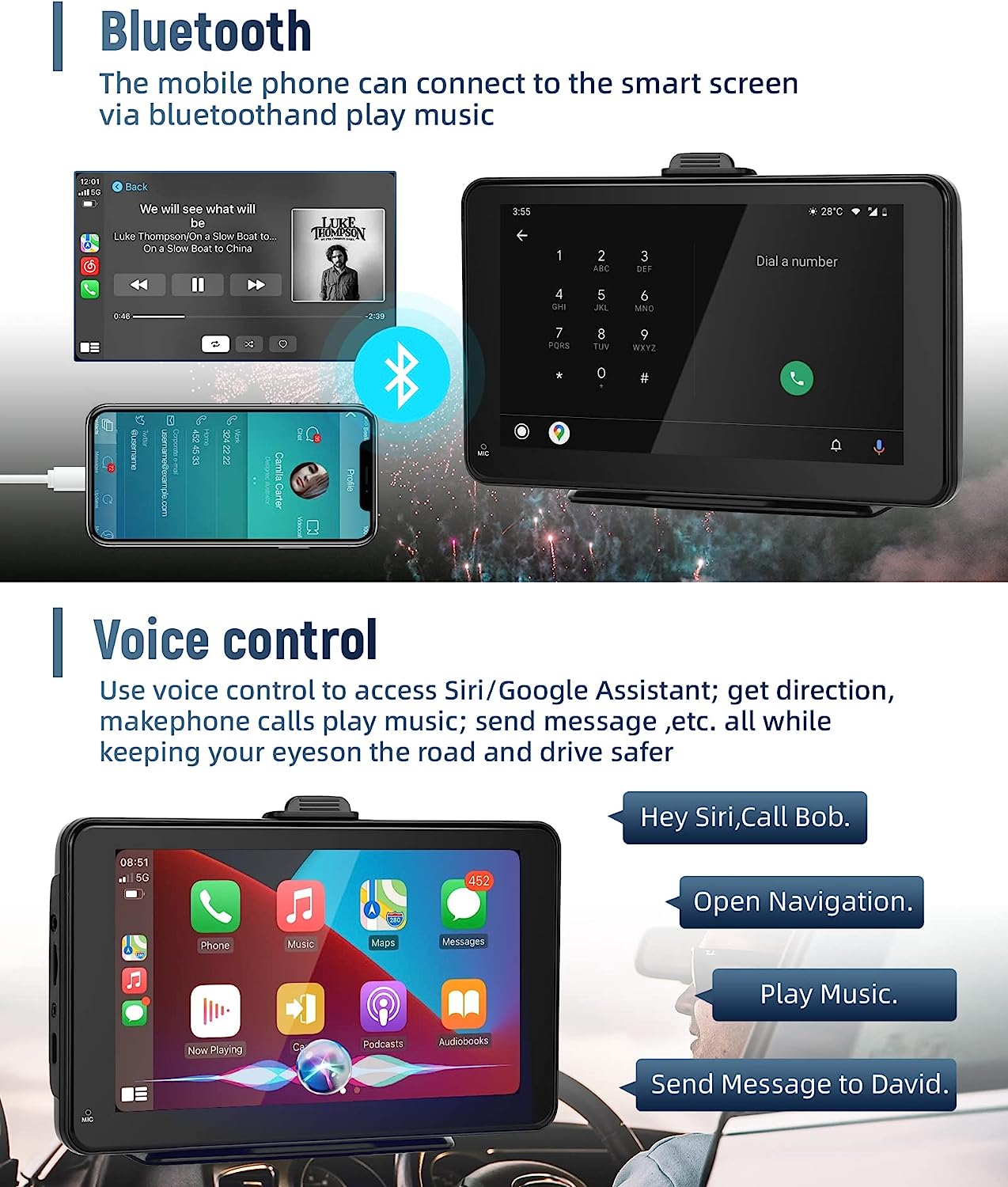 Wireless Apple Carplay Android Auto 7 Inch Portable Car Stereo Car Radio With Bluetooth MirrorLink FM Transmitter Voice control