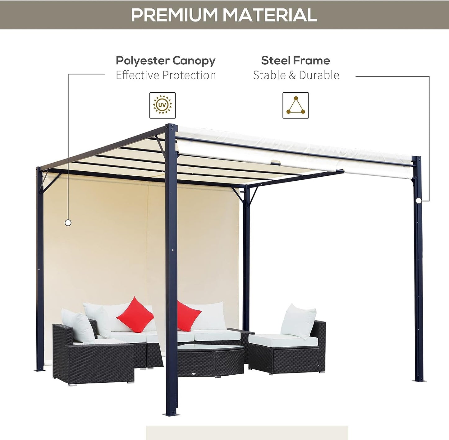 3 X 3 Meters Pergola with Retractable Sides, Garden Gazebo / Adjustable Sun Shade Canopy and Steel Frame, Cream