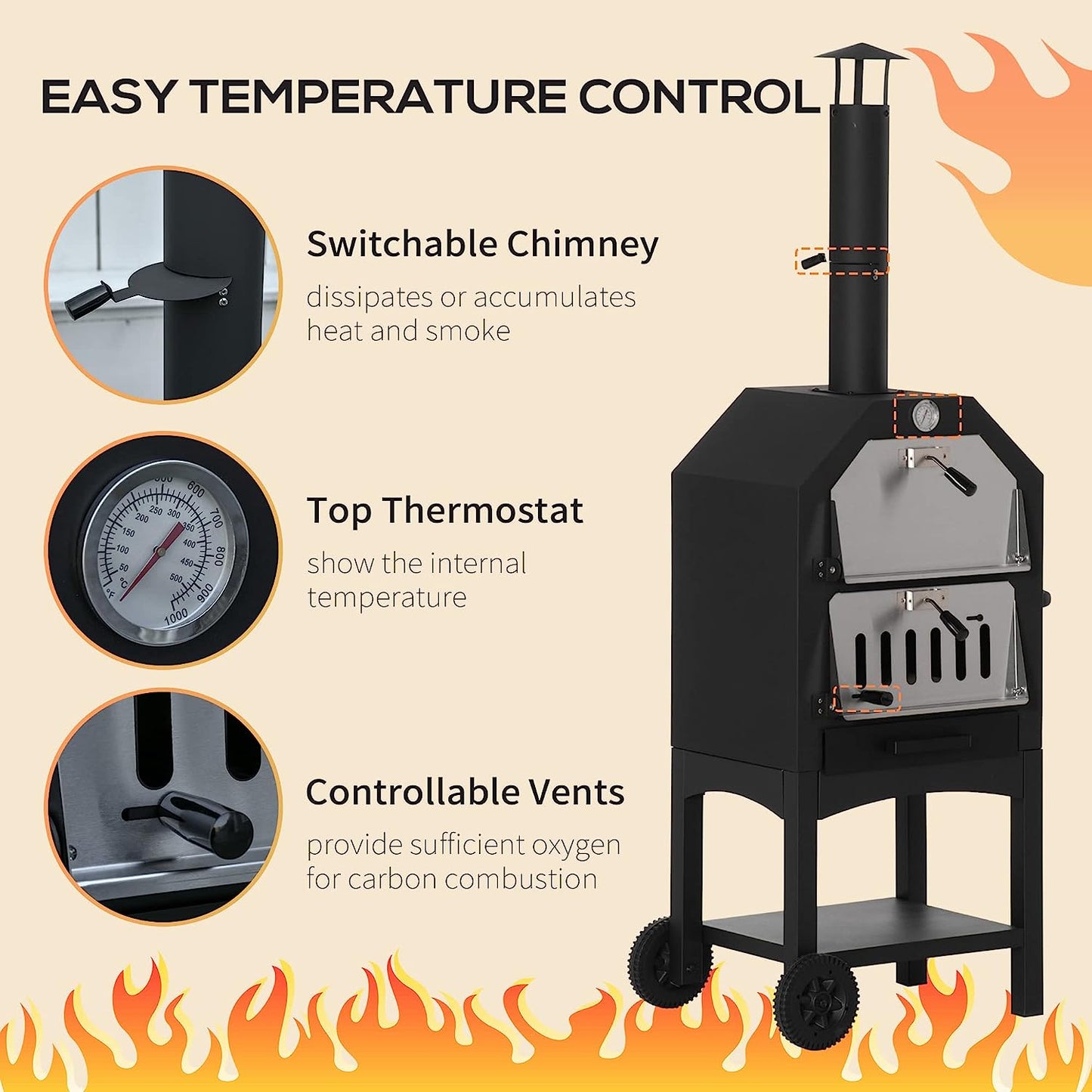Charcoal Tall Oven Pizza Maker BBQ Grill Outdoor Cooker Picnic w/ Thermometer By Outsunny