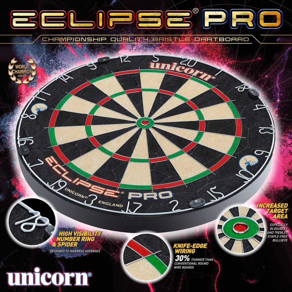 Unicorn Eclipse Pro, Professional Bristle Dartboard with Competition Quality Sisal, Spider and Number Ring, Professional Dart Board for Adults