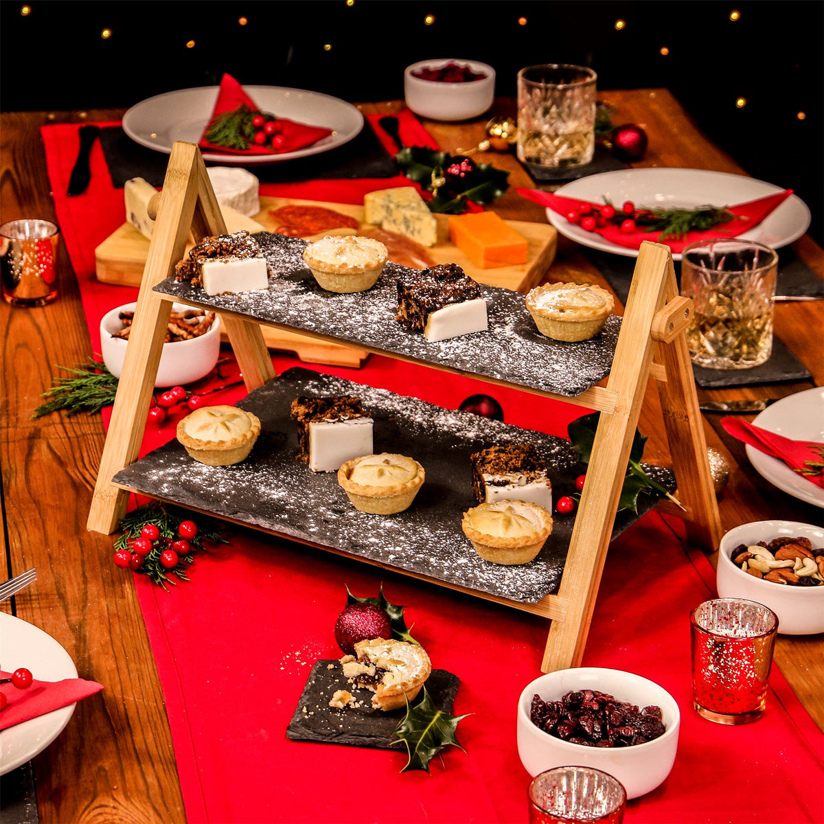 Maison & White 2 Tier Slate & Bamboo Food Stand | Foldable Frame | Removable Slate Platters | 32x42x25.5cm | 670g | Desserts Antipasti Entertaining | Assembly Required
