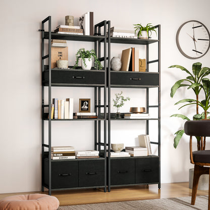 Industrial Bookcase, 6-Tier Tall Bookshelf with 3 Fabric Drawers - Grey