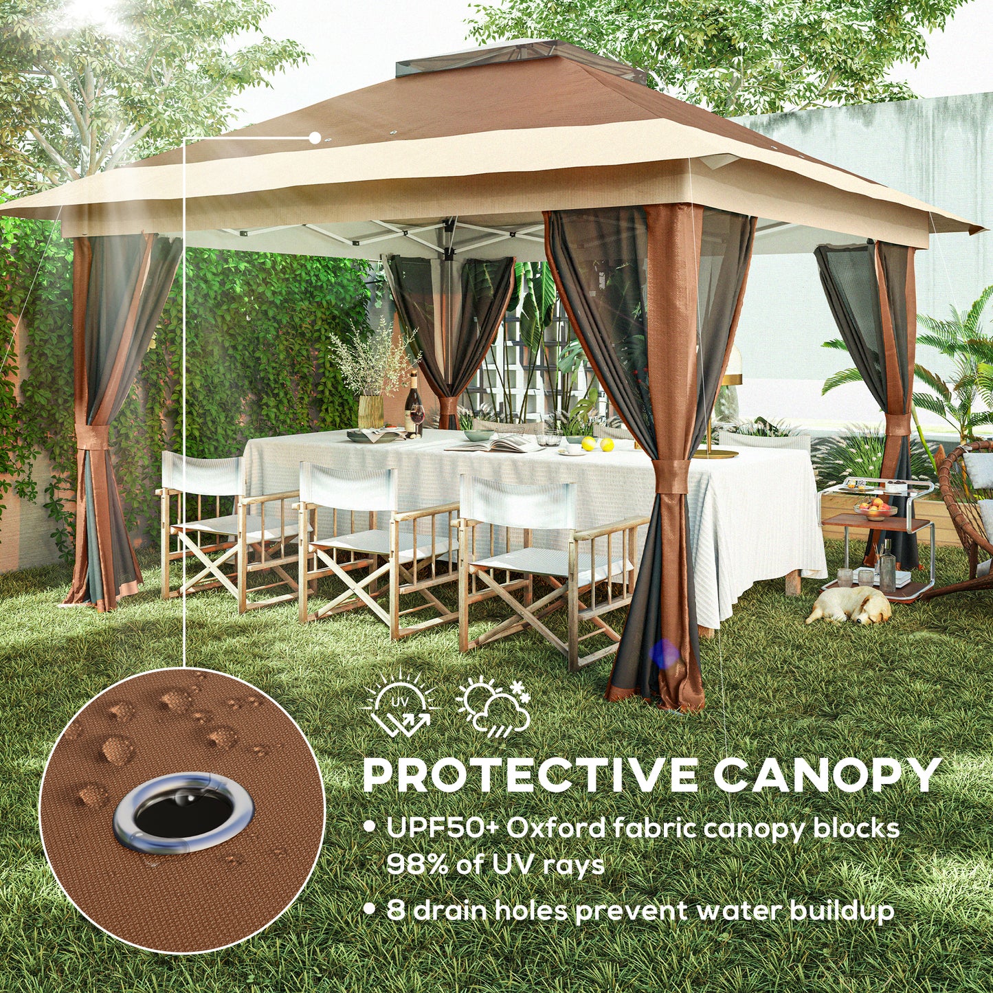 3.6x3.6m Pop-Up Gazebo | UPF50+ Oxford Fabric | Removable Mesh Walls | 3-Height Adjustment 260-280cm | 8 Drainage Holes | 4 Guy Ropes, 12 Ground Stakes & 4 Sandbags | Wheeled Carry Bag | Fits 8-12 People | Brown