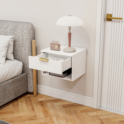 Floating Nightstands Set of 2, Modern Wall Mounted Bedside Tables with Fluted Drawer and Open Shelf for Bedroom, White