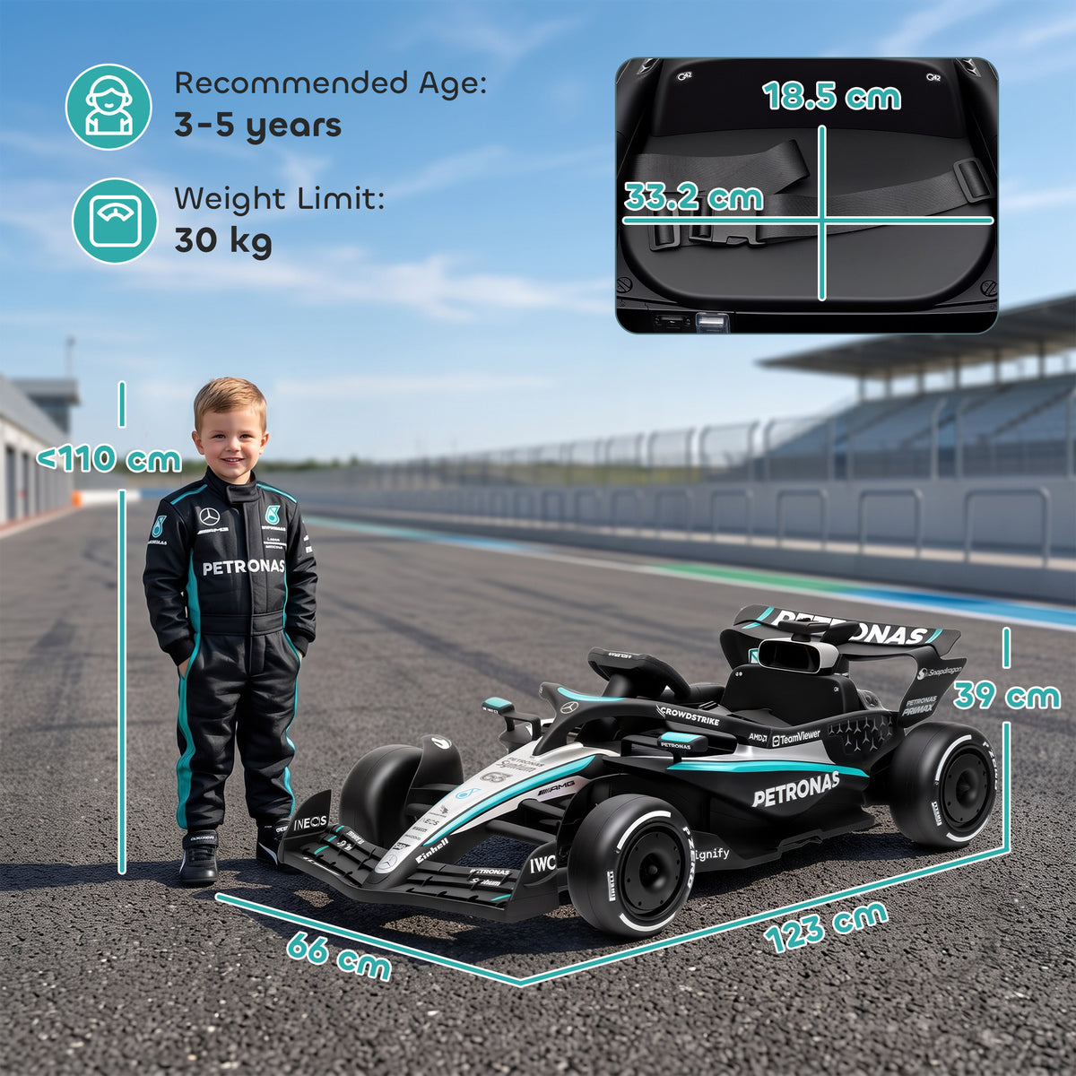 Mercedes-AMG PETRONAS F1 Licensed Kids Electric Go-Kart | Dual 12V Motors | 3 Speeds 3.3-5.5km/h | Parent Remote | Soft Start | Rear Suspension | PVC Silent Strips | Tow Handle | 2-Point Harness | Music & Lights | 123x66x39cm | 30kg | Ages 3-5 | Black