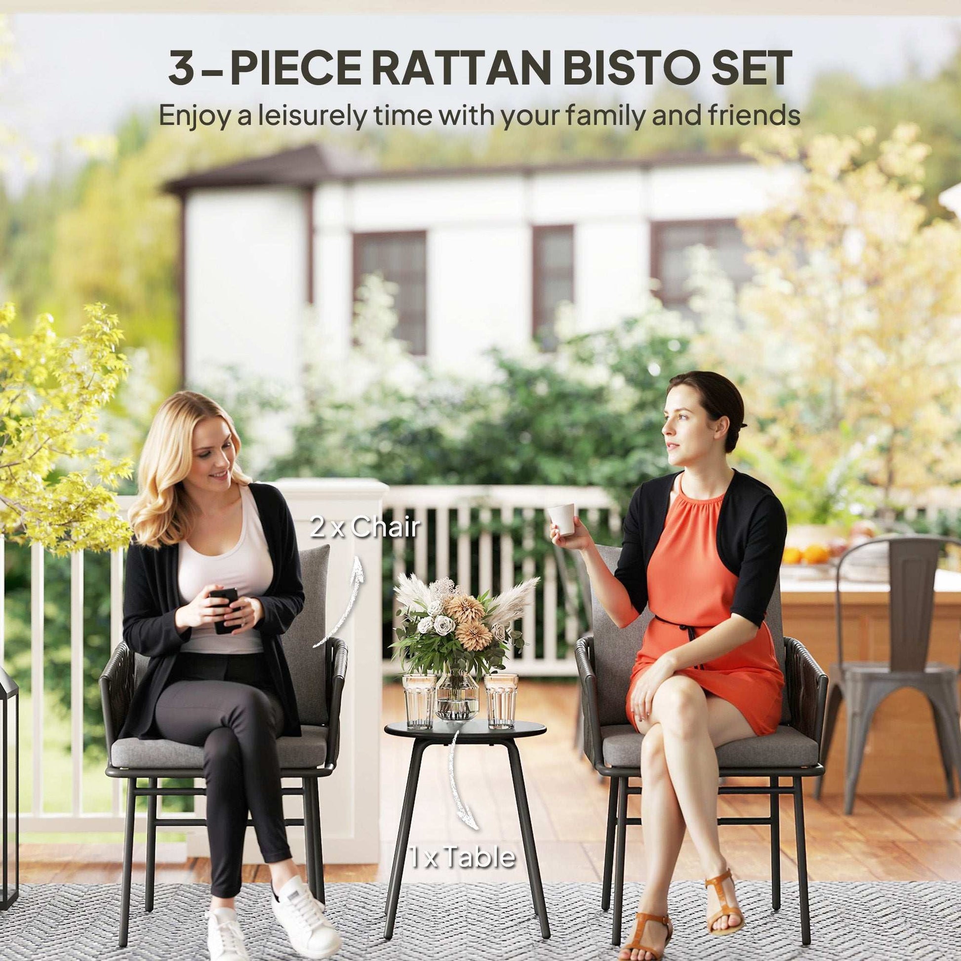 3-Piece Rattan Bistro Set, Garden Table and Chairs with 4 Cushions, Patio Rattan Conversation Furniture Set for Balcony, Porch, Terrace