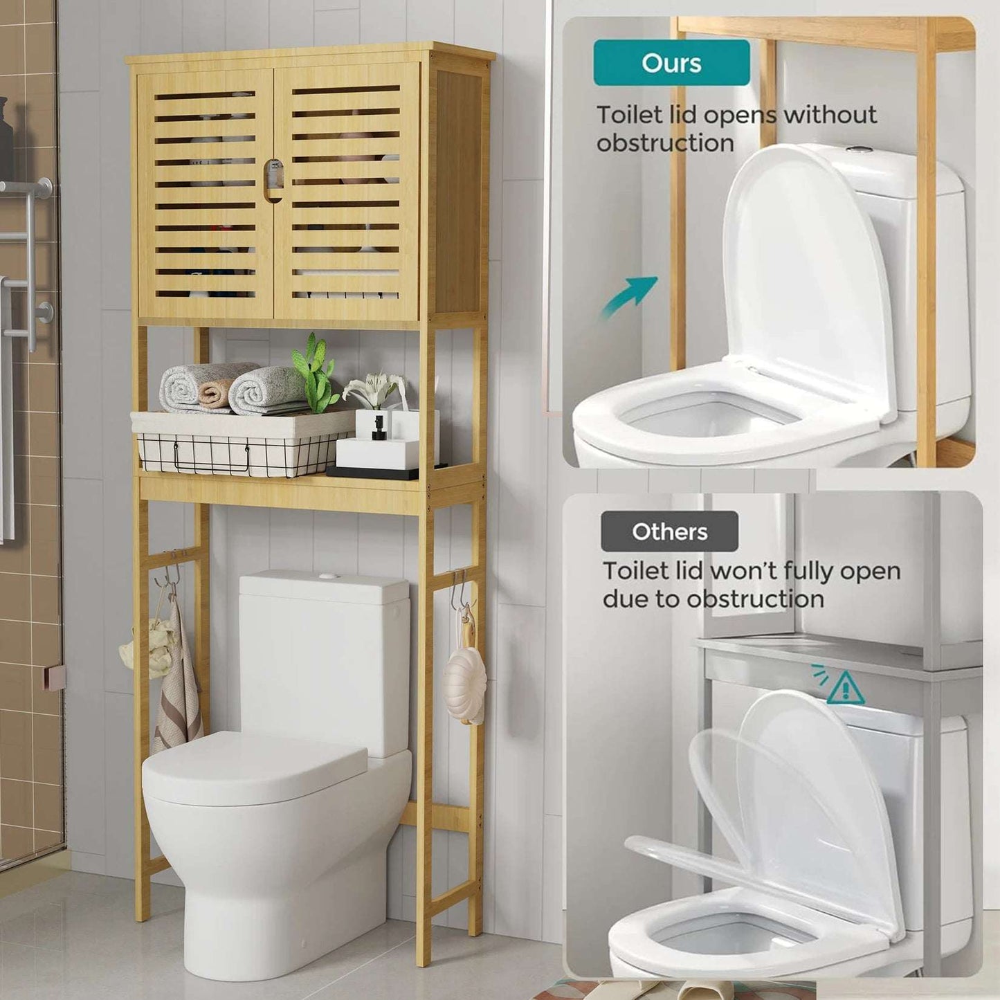 Over-The-Toilet Bathroom Storage Cabinet Bamboo Tall Organizer Rack Free Standing