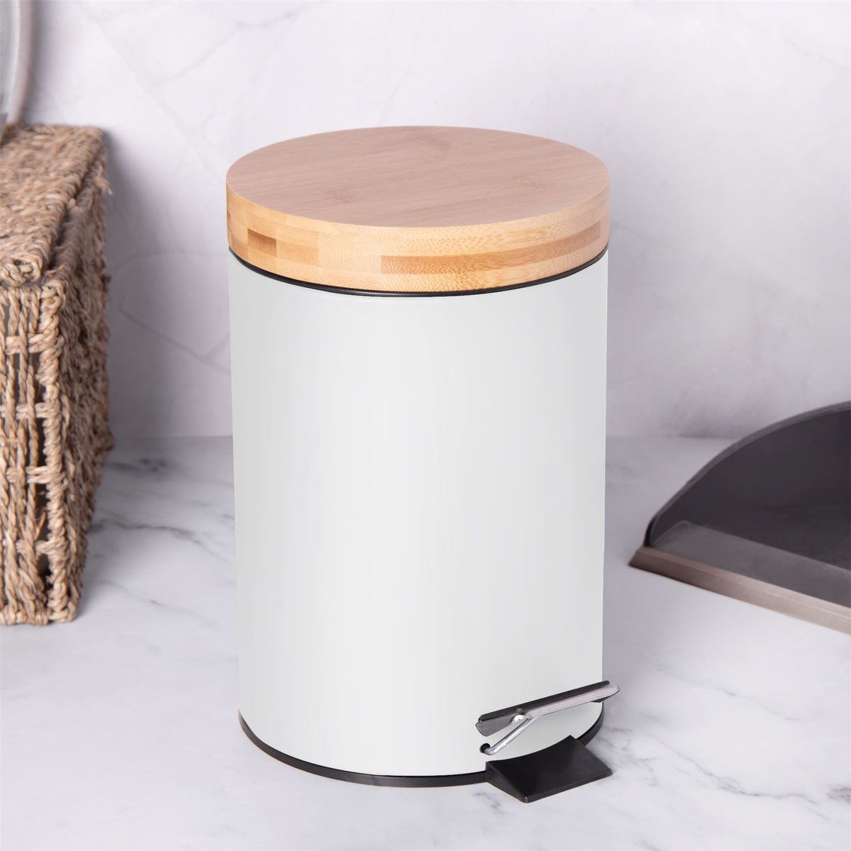Maison & White White Matt Steel Bathroom Bin with Bamboo Lid | 3L | Foot Pedal | Soft-Close | Removable Inner Basket | Fingerprint-Resistant | 25.5x17x17cm | 2-Year Warranty