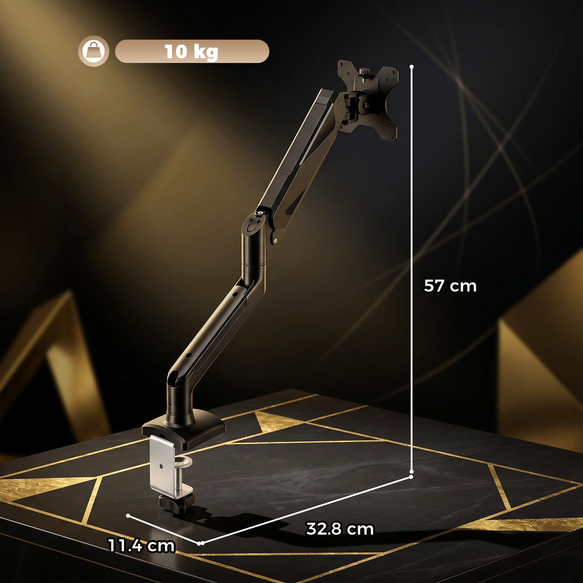 Single Monitor Arm | Up to 32 Inch & 10kg | Gas Spring Height Adjustment, Tilt, Swivel & 360° Rotation | Black Steel