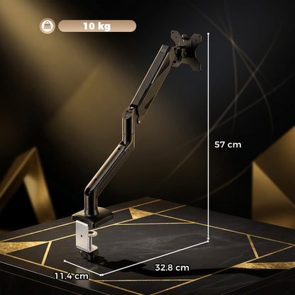 Single Monitor Arm | Up to 32 Inch & 10kg | Gas Spring Height Adjustment, Tilt, Swivel & 360° Rotation | Black Steel