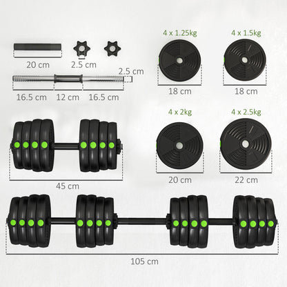 SPORTNOW 2-in-1 Adjustable Barbell & Dumbbell Set | Black & Green | 16 Weight Plates | 2.5kg 2kg 1.5kg 1.25kg | Barbell 105cm | Non-Slip Grips | Plastic-Coated | Home Gym Strength Training