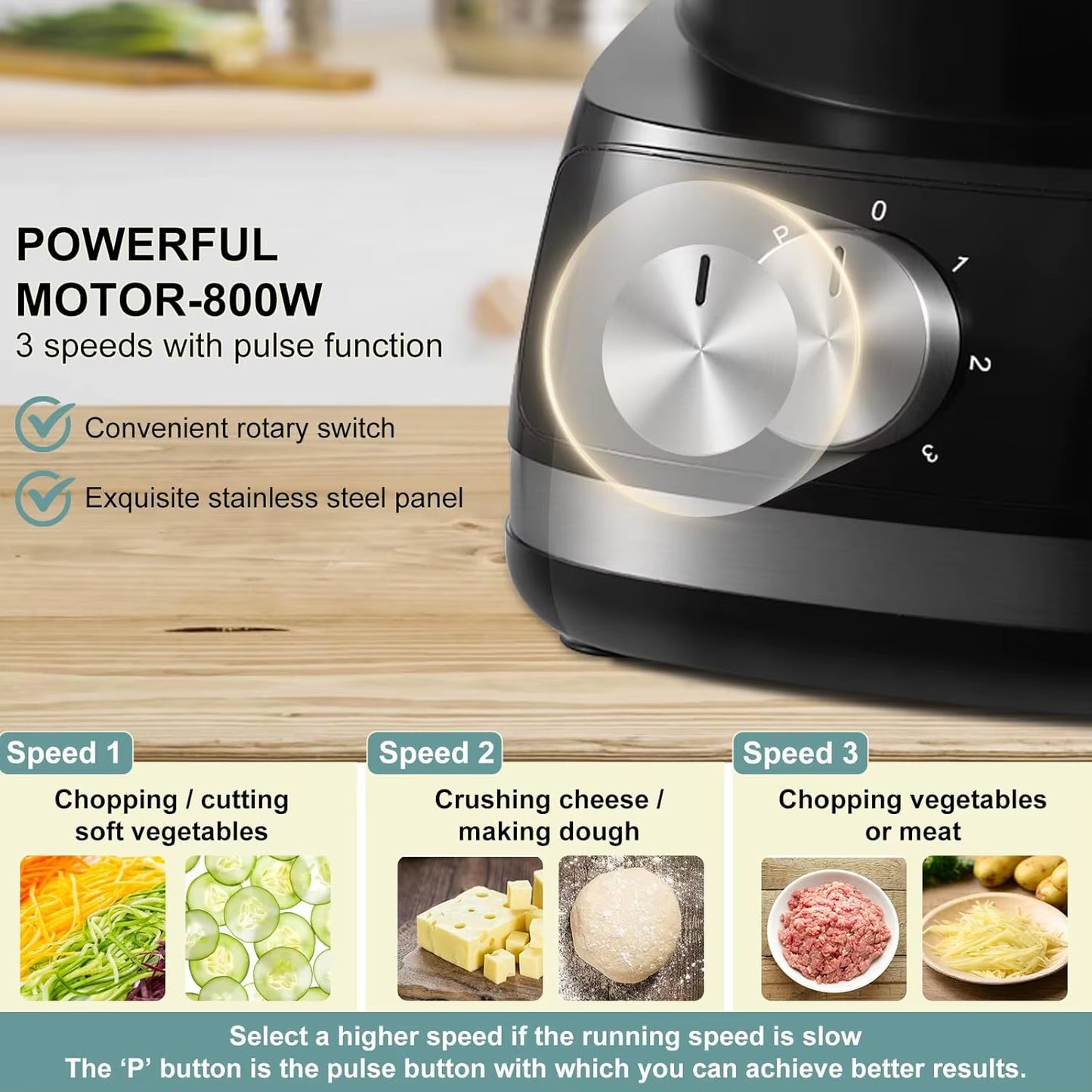 Topstrong 6-In-1 for Chopping, Slicing, Shredding and Kneading Dough, 3 Speeds with Pulse, 2L Mixing Bowl 800W Food Processor