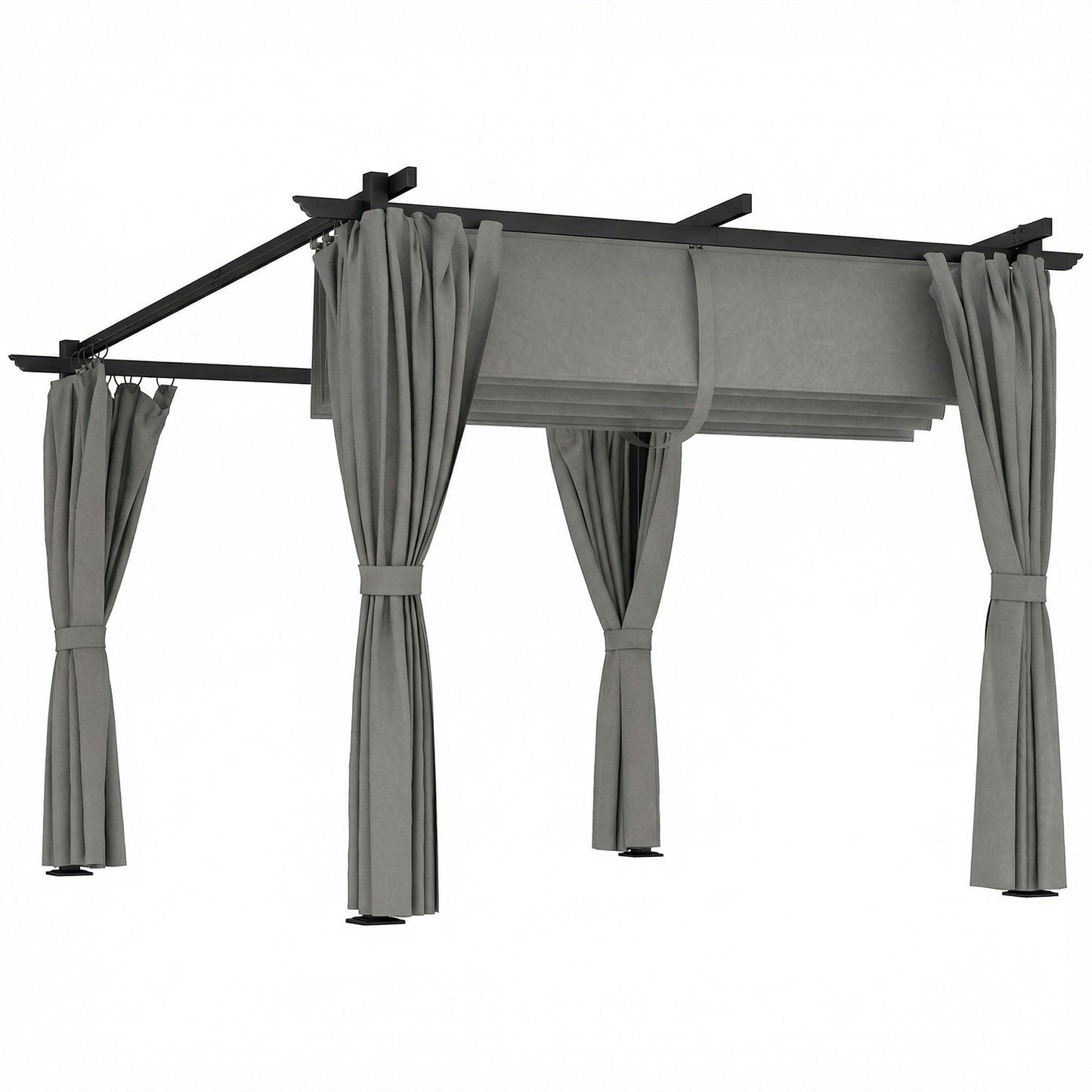 3x3m Retractable Roof Garden Pergola with 3 Side Curtains | UPF30+ Splash-Proof Canopy | Powder-Coated Metal Frame | Windproof Level 5-6 | Snow Load Rated | Ground Stakes | Light Grey