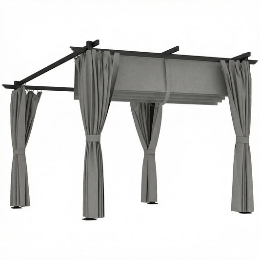 3x3m Retractable Roof Garden Pergola with 3 Side Curtains | UPF30+ Splash-Proof Canopy | Powder-Coated Metal Frame | Windproof Level 5-6 | Snow Load Rated | Ground Stakes | Light Grey