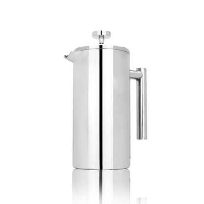 Maison & White French Press Cafetière | 350ml Double-Walled Stainless Steel Coffee Maker | Filter, 2 Spoons & Scoop Clip Set | Polished Silver