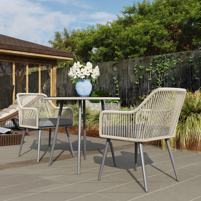 Outsunny 4 Seater Rattan Dining Set, Rattan Garden Furniture Set with Parasol Hole, Outdoor Dining Table and Chairs Set with Cushions, Round Glass Top Table