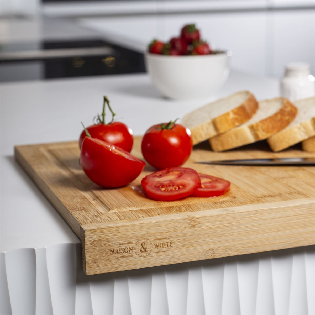 Maison & White Bamboo Counter Edge Chopping Board | 43.5 × 35.2cm | 90° Worktop Lip & Juice Groove